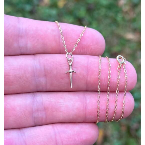 14K Gold Plated Necklace with Bronze Mini Dagger Charm - Picture 1 of 4